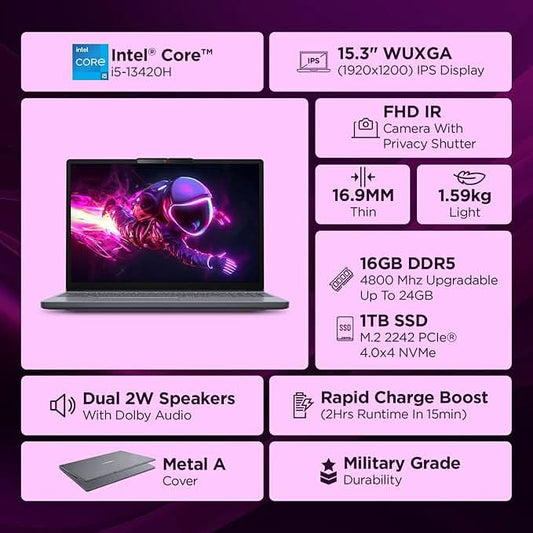 Lenovo IdeaPad Slim 3 13th Gen Core i5-13420H 15.3 inch (38.8cm) WUXGA IPS Laptop (16GB RAM/1TB SSD/Windows 11/Office Home 2024/Backlit Keyboard/1Yr ADP Free/3 Mon. Game Pass/Grey/1.6Kg), 83K100HSIN