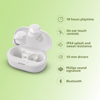 PHILIPS TAT1209WT/00 TRUE WIRELESS EARBUDS, IN-EAR ACTIVE NOISE CANCELLING BLUETOOTH V5.3 EARPHONES WITH MIC, 18H PLAY TIME, SHANK SHAPE, IPX4, TOUCH CONTROLS & CHARGING CASE FOR IPHONE/IPAD (WHITE)
