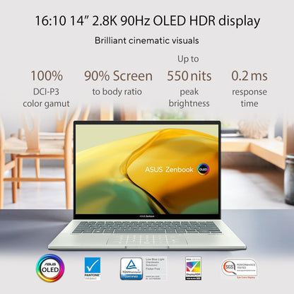 ASUS ZENBOOK 14 OLED (2022), 14" (35.56 CMS) 2.8K OLED 16:10 90HZ, INTEL CORE I5-1240P 12TH GEN, THIN AND LAPTOP (16GB/512GB SSD/IRIS XE GRAPHICS/WIN 11/OFFICE 2021/CELADON/1.39 KG), UX3402ZA-KM532WS