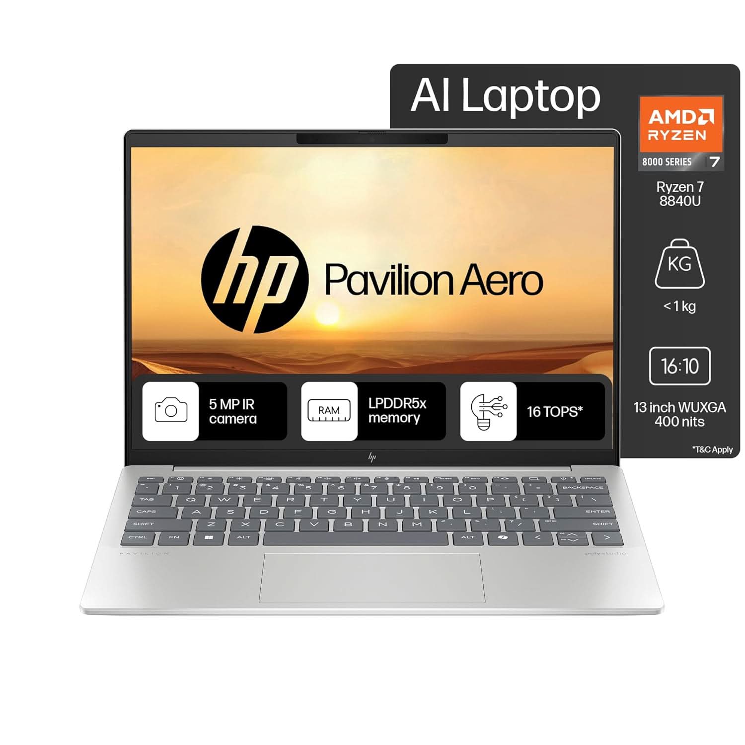 HP PAVILION AERO AI LAPTOP, AMD RYZEN 7 8840U, 16 TOPS, 16GB LPDDR5X, 512GB SSD, (WIN11, OFFICE21, SILVER, < 1KG), 13.3-INCH (33.8CM), ULTRA-LIGHT, WUXGA, AMD RADEON GRAPHICS, 5MP CAMERA, BG0017AU