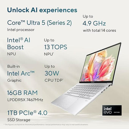 ASUS Zenbook 14,Intel Core Ultra 5 (Series 2), 16GB, 1TB, 3K OLED Touch Screen,14",120Hz,Win 11,M365 Basic (1Y)*,Office 2024,Foggy Silver,1.28 kg UX3405CA-PZ345WS, Intel Arc iGPU, Thin & Light Laptop