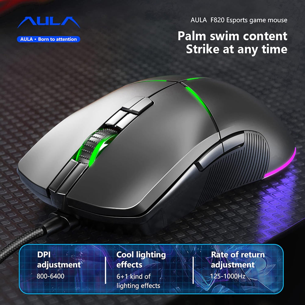 AULA F820 Wired Ergonomic Gaming Mouse ( Black ) ( F820B ) ( 6400DPI/8 Macro Buttons )