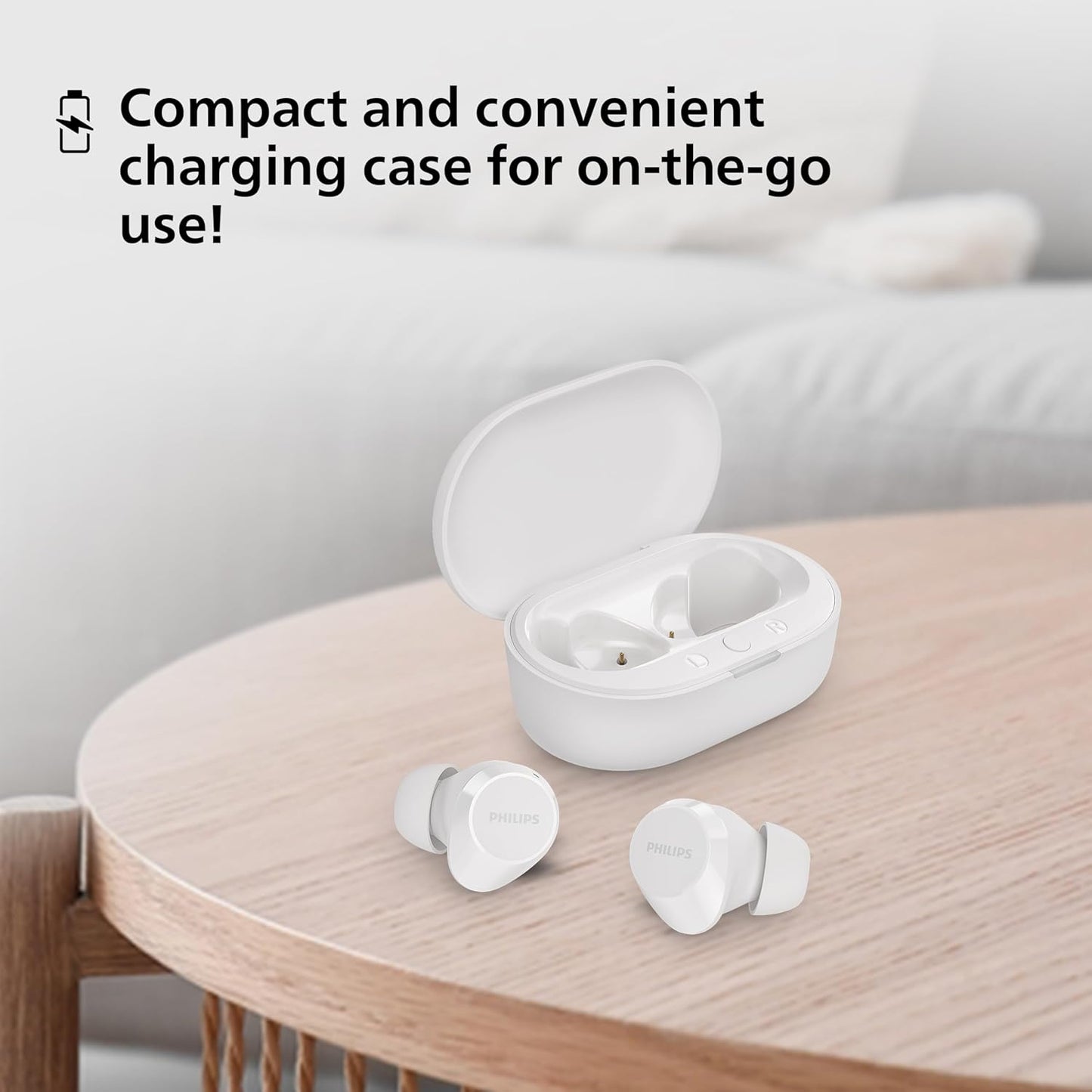 PHILIPS TAT1209WT/00 TRUE WIRELESS EARBUDS, IN-EAR ACTIVE NOISE CANCELLING BLUETOOTH V5.3 EARPHONES WITH MIC, 18H PLAY TIME, SHANK SHAPE, IPX4, TOUCH CONTROLS & CHARGING CASE FOR IPHONE/IPAD (WHITE)