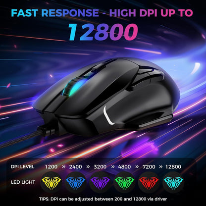 AULA GAMING MOUSE, 12800 DPI RGB WIRED GAMING MOUSE GAMER FOR LAPTOP PC MAC,AULA F815