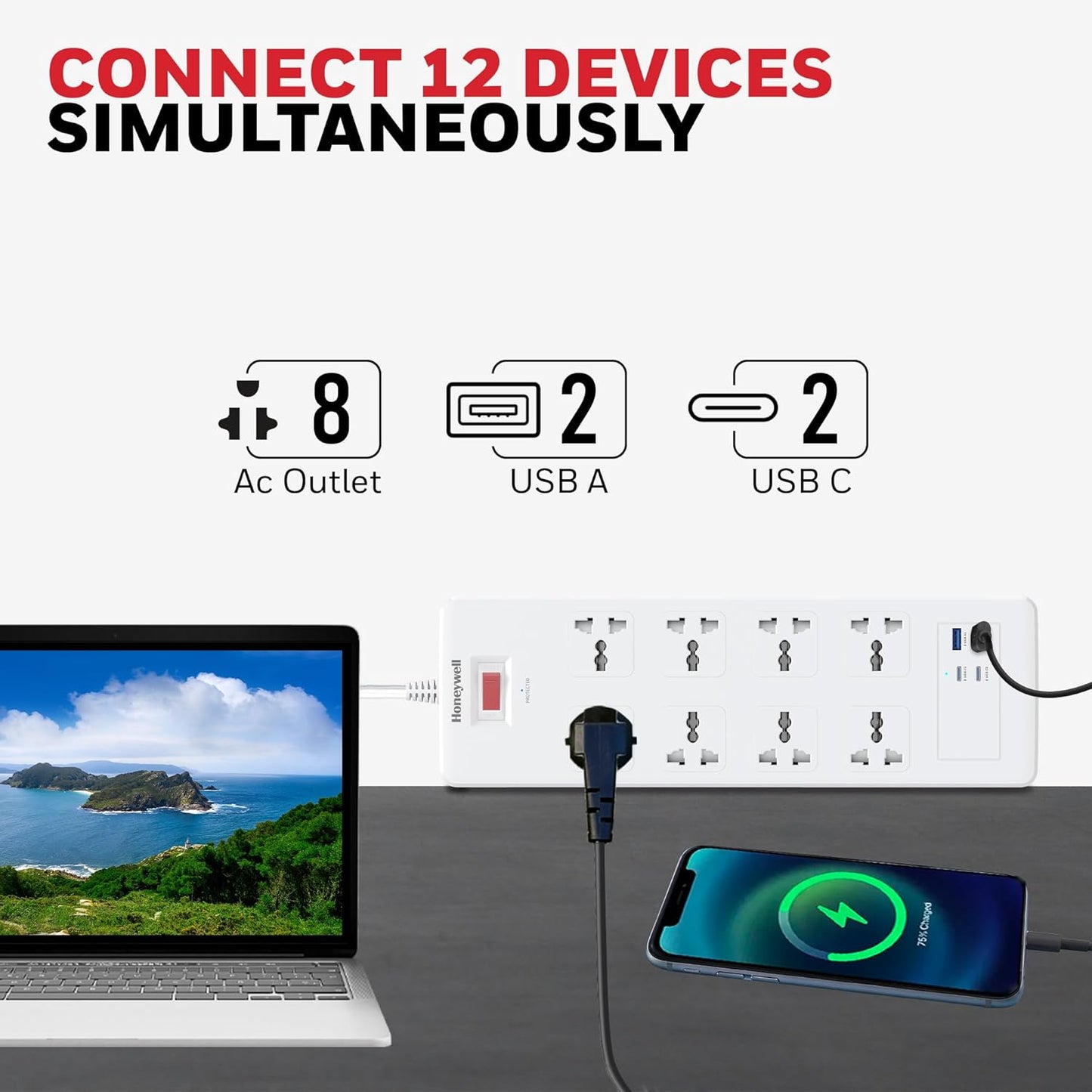 HONEYWELL (8 SOCKET+2 USB+ 2 TYPE-C) SURGE PROTECTOR