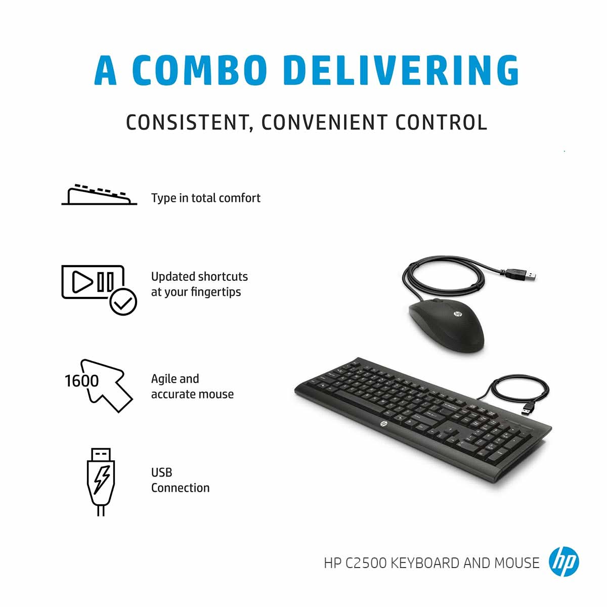 HP C2500 MULTIMEDIA SLIM USB WIRED KEYBOARD AND OPTICAL MOUSE COMBO (J8F15AA)