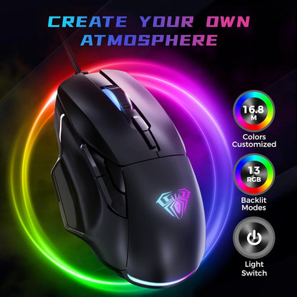 AULA GAMING MOUSE, 12800 DPI RGB WIRED GAMING MOUSE GAMER FOR LAPTOP PC MAC,AULA F815