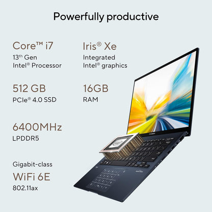 ASUS ZENBOOK 14 OLED (2023), INTEL CORE I7-1360P 13TH GEN, 14" (35.56 CM) 2.8K 90HZ OLED, THIN & LIGHT LAPTOP (16GB/512GB SSD/IRIS XE/WIN 11/OFFICE 2021/75W BATTERY/BLUE/1.39 KG), UX3402VA-KN741WS