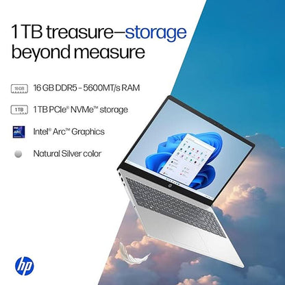 HP 15, Intel Core Ultra 5 125H (16GB DDR5, 1TB SSD) FHD, IPS, 15.6''/39.6cm, Win11, M365 Basic(1yr)*Office24, Silver, 1.65kg, fd1354TU, Intel Arc Graphics, FHD Camera w/Shutter, AI Powered Laptop