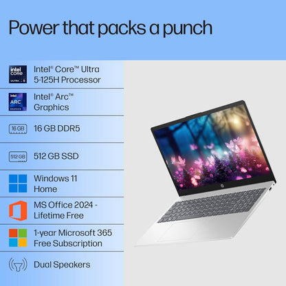 HP 15, INTEL CORE ULTRA 5 125H LAPTOP (16GB DDR5,512GB SSD) IPS, ANTI-GLARE, MICRO-EDGE, 15.6''/39.6CM, FHD, WIN11,M365 BASIC(1YR),OFFICE HOME24, SILVER,1.65KG, FHD CAMERA W/SHUTTER,BACKLIT, FD1254TU
