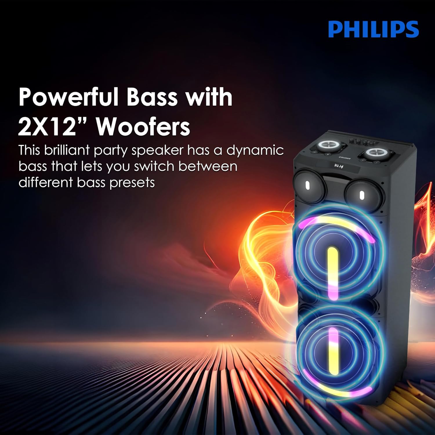 PHILIPS AUDIO NEWLY LAUNCHED TAX5708 BLUETOOTH PARTY SPEAKER, 400W MAX OUTPUT - DYNAMIC BASS BOOST & KARAOKE | GUITAR & MIC SUPPORT, MULTIPOINT CONNECTIVITY, PARTY LIGHTS & HANDLE WITH WHEELS (BLACK)