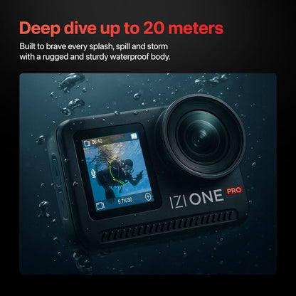 IZI One Pro 5.7k Action Camera | Ultra HD Sony STARVIS Sensor | 20M Body Waterproof | 2 x Battery with 240min Recording | Dual OLED, 6-Axis Gyro Stabilisation | HQ Mic Support | Reels, Vlogs & Bikes