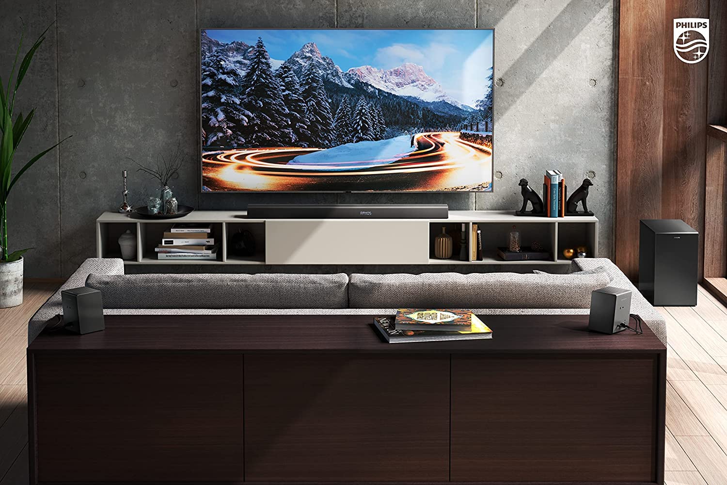 PHILIPS SOUNDBAR TAB8967 7.1 CH (5.1.2) 780 WATT WITH HDMI ARC, AI VOICE ASSISTANT, DOLBY ATMOS, REAL SURROUND, WIRELESS SUBWOOFER, UP-FIRING SPEAKERS, WIRELESS REAR SPEAKERS (BLACK)