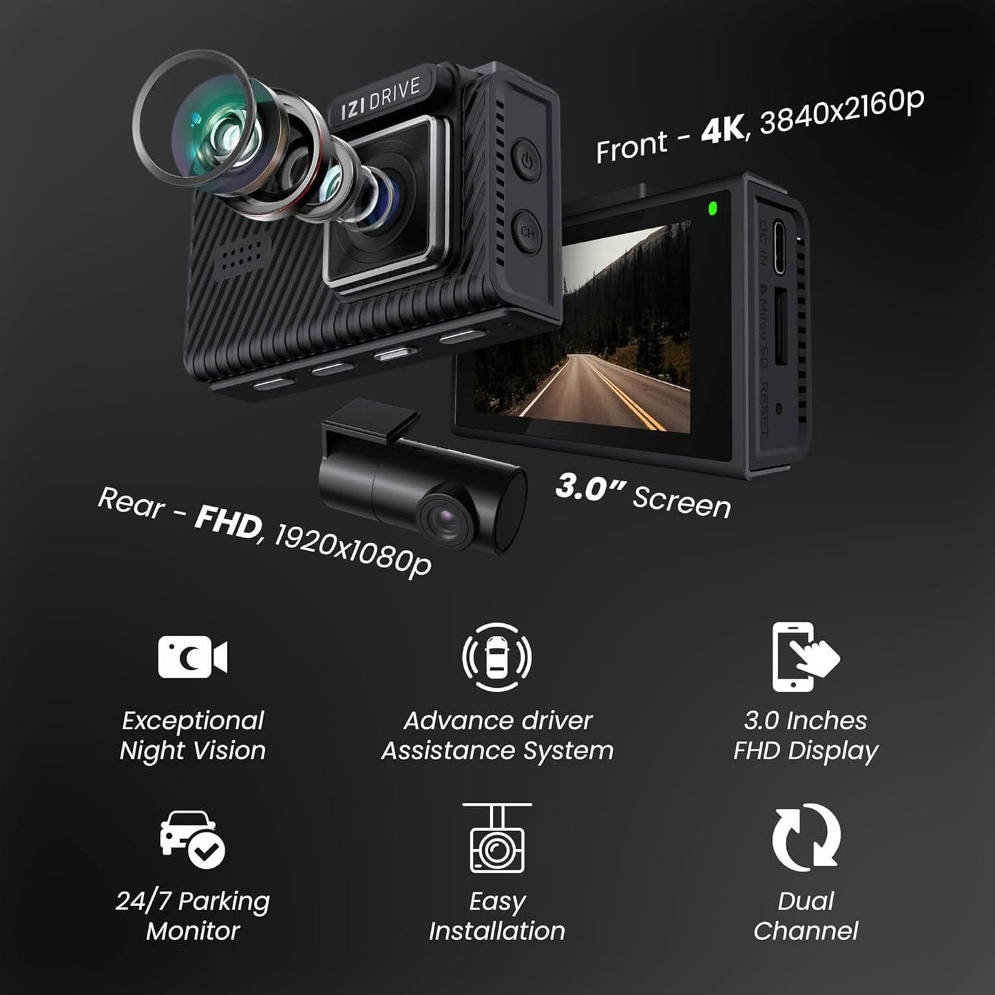IZI Drive Plus+ 4K Dual Channel Dash Camera with GPS, 3inch HD Screen, 170 Wide Angle, Night Vision, G-Sensor, WiFi, ADAS, Emergency Recording, Made for Indian Roads, Optional Car Parking Monitor