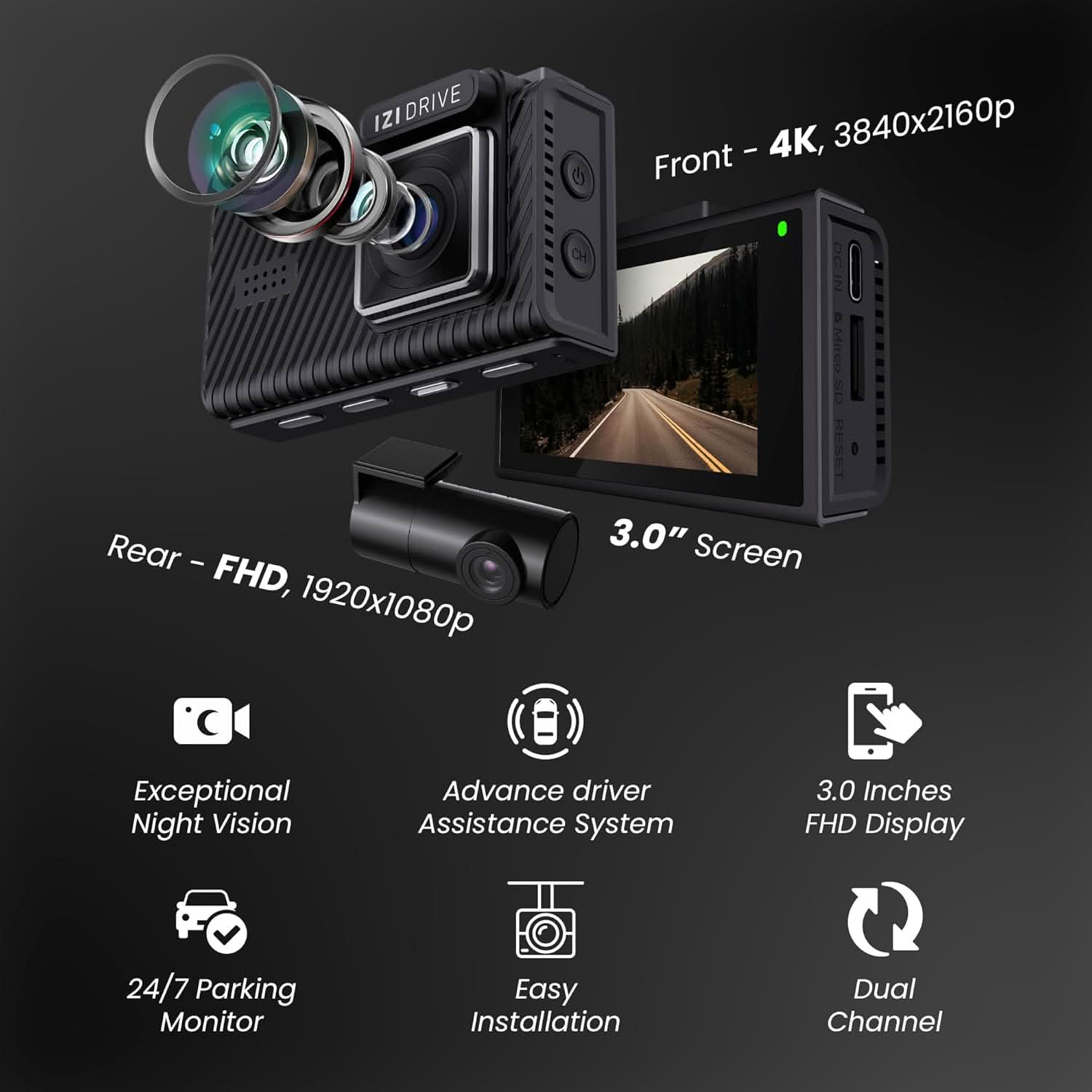 IZI Drive Plus+ 4K Dual Channel Dash Camera with GPS, 3inch HD Screen, 170 Wide Angle, Night Vision, G-Sensor, WiFi, ADAS, Emergency Recording, Made for Indian Roads, Optional Car Parking Monitor