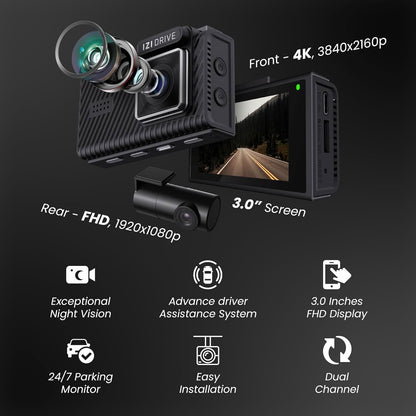 IZI Drive Plus+ 4K Dual Channel Dash Camera with GPS, 3inch HD Screen, 170 Wide Angle, Night Vision, G-Sensor, WiFi, ADAS, Emergency Recording, Made for Indian Roads, Optional Car Parking Monitor