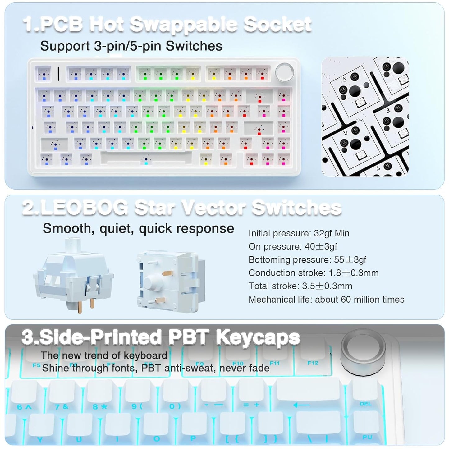 AULA F75 SIDE ENGRAVED MECHANICAL KEYBOARD WHITE + GRADIENT BLUE STAR VECTOR SWITCH