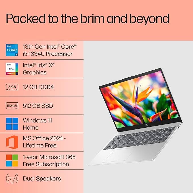 HP 15, 13th Gen Intel Core i5-1334U Laptop (12GB DDR4,512GB SSD) Anti-Glare,Micro-Edge,15.6''/39.6cm, FHD, Win11,M365,Office24, Silver,1.59kg, Iris Xe Graphics, FHD Camera w/Privacy Shutter, fd0575TU
