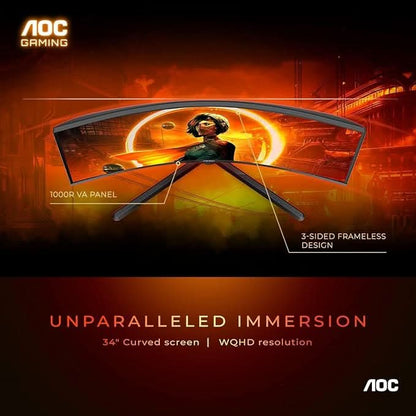 AOC 34 VA Curved, 1000 R, WQHD 3440 x 1440, 165 Hz, 1 ms, 300 cd/m². HDMI 2.0 x 2, DP 1.4 x 2. USB 3.2 x 4, NTSC 97% / sRGB 119% SPEAKER with Hight Adjustable Stand