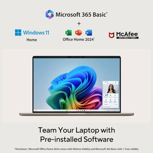 ASUS ZENBOOK A14, SNAPDRAGON X ELITE PROCESSOR,(QUALCOMM ADRENO IGPU/16GB RAM/512GB SSD/WINDOWS 11 HOME/MS OFFICE 365 BASIC (1YEAR)*/14 INCH FHD+ OLED/AI PC/ZABRISKIE BEIGE/0.98 KG), UX3407RA-QD054WS