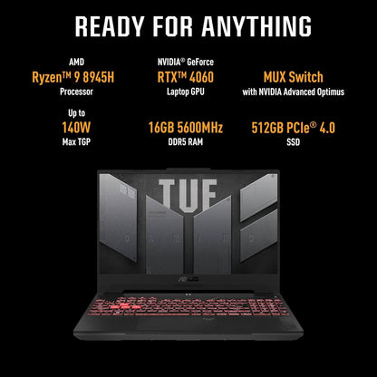 ASUS TUF GAMING A15, 15.6 INCH FHD 144HZ 250NITS, AMD RYZEN 9 8945H PROCESSOR, GAMING LAPTOP (16GB RAM/1TB SSD/NVIDIA GEFORCE RTX 4060/WINDOWS 11/OFFICE HOME/MECHA GRAY/2.2 KG), FA507UV-LP137WS