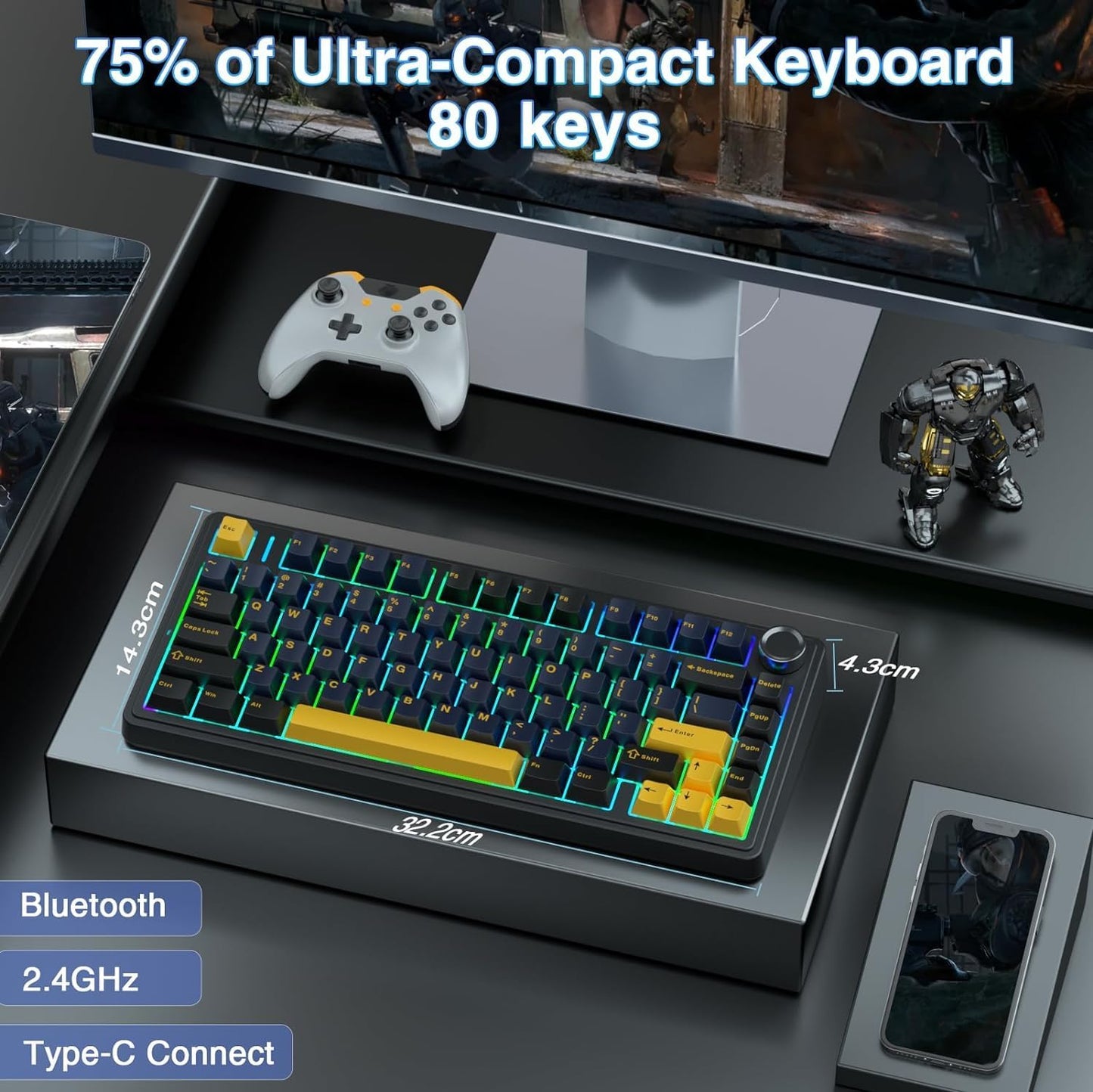 AULA F75 THUNDER BLACK GRAYWOOD SWITCH MECHANICAL GAMING KEYBOARD