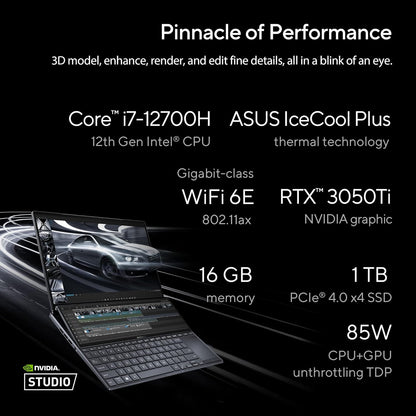 ASUS ZENBOOK PRO 14 DUO OLED (2022) DUAL SCREEN, 14.5" (36.83 CM) 2.8K OLED 120HZ TOUCH, CREATOR/GAMING LAPTOP, INTEL EVO CORE I7 12TH GEN, (16GB/1TB/4GB RTX 3050 TI/BLACK/1.75 KG), UX8402ZE-M711WS