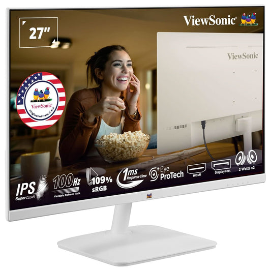 VIEWSONIC VA2732-MH-W, 27-INCH (68.58CM) FULL HD MONITOR, SUPERCLEAR IPS PANEL, 100HZ, 1MS, SRGB 109%, HDMI, VGA, DUAL SPEAKERS, EYE PROTECH+, BORDERLESS DESIGN, WHITE