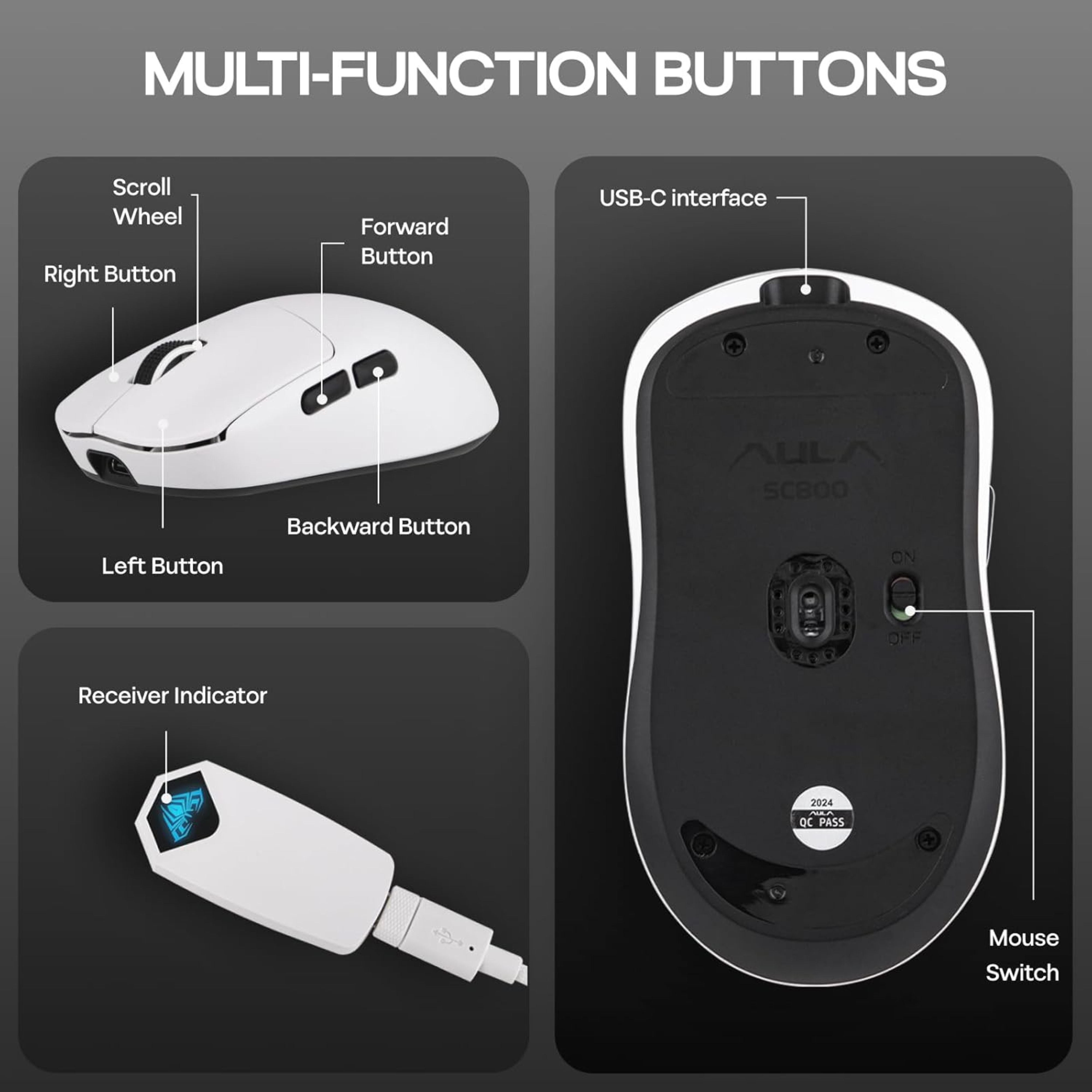 AULA SC800 TRI-MODE(2.4GHZ/BT/WIRED) ULTRA-LIGHTWEIGHT GAMING MOUSE | 37GRAMS, ADJUSTABLE 26000 DPI, PAW3395 SENSOR, 8000 POLLING RATE, ULTRA-PRECISE & DURABLE FOR GAMING & OFFICE USE | WHITE (SC800W)