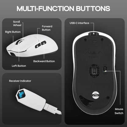 AULA SC800 TRI-MODE(2.4GHZ/BT/WIRED) ULTRA-LIGHTWEIGHT GAMING MOUSE | 37GRAMS, ADJUSTABLE 26000 DPI, PAW3395 SENSOR, 8000 POLLING RATE, ULTRA-PRECISE & DURABLE FOR GAMING & OFFICE USE | WHITE (SC800W)