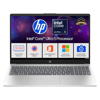 HP 15, INTEL ULTRA 5 125H (16GB DDR5, 1TB SSD) FHD, IPS, 15.6''/39.6CM, WIN11, M365 BASIC(1YR) OFFICE24, SILVER, 1.65KG, FD1255TU, INTEL ARC GRAPHICS, FHD CAMERA W/SHUTTER, AI POWERED LAPTOP