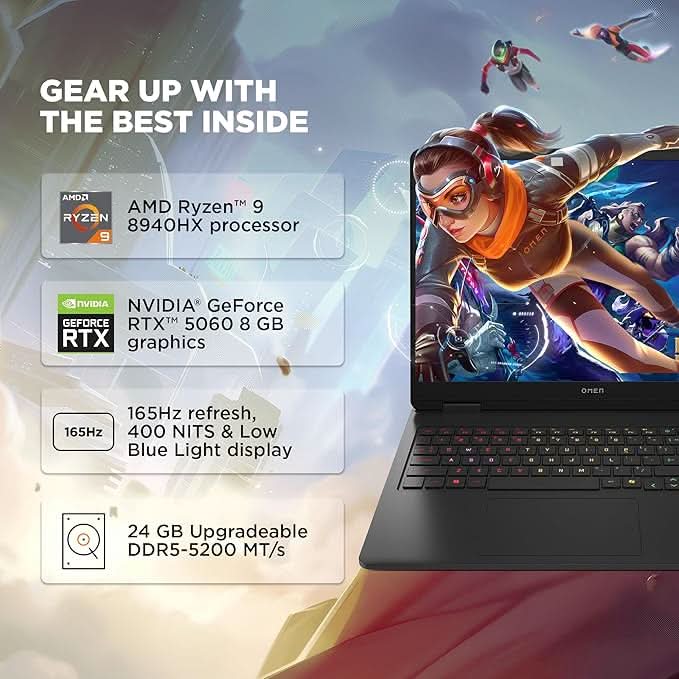 HP Omen, AMD Ryzen 9 8940HX, 8GB RTX 5060, 24GB DDR5(Upgradeable) 1TB SSD, 165Hz, 2k WUXGA, 3ms, 400 nits, Win11, M365 Office24, Black, 2.44kg, ap0181AX, Omen AI, RGB, AI Gaming Laptop