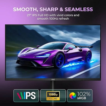 AOC 27 IPS Borderless, FHD 1920 x 1080, 100 Hz, 250 cd/m², 4 MS, HDMI 1.4 x 2, NTSC 83% / sRGB 102% / Adaptive Sync/ Flicker Free / Low Blue Mode