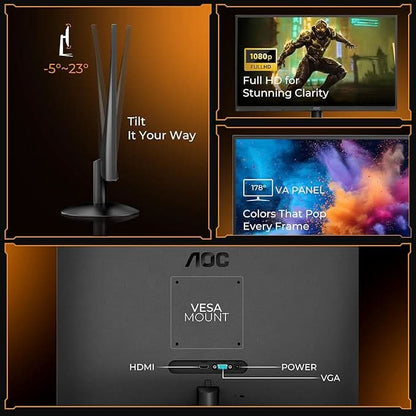 AOC 21.5 VA Borderless, FHD 1920 x 1080, 120 Hz, 250 cd/m², 1MS, VGA x1, HDMI x1.NTSC 86% / sRGB 102% , Black , Flicker Free , Low Blue Mode.