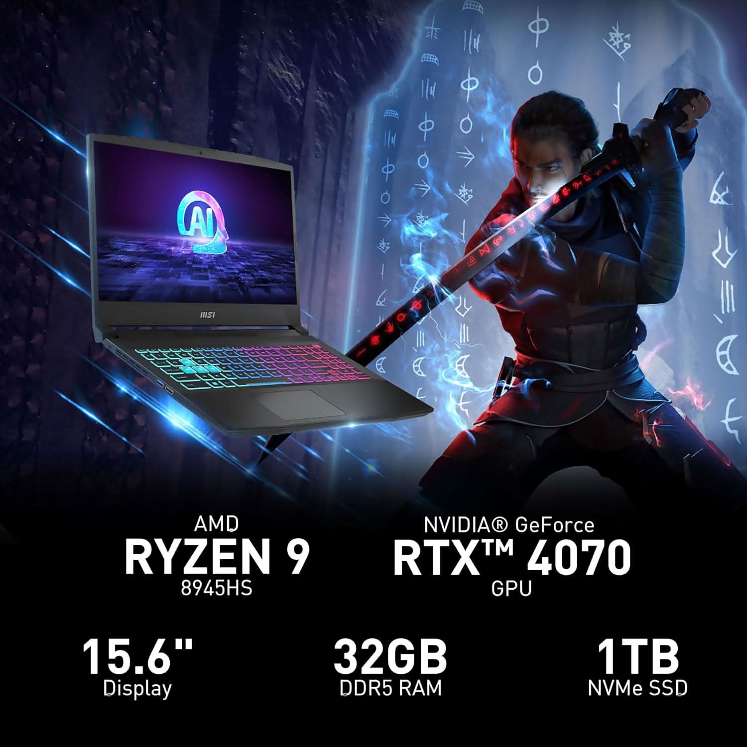 MSI Katana A15 AI B8VE-628IN Ryzen 7 8845HS/DDR5 8GB*2/1TB NVMe PCIe SSD RTX 4050, GDDR6 6GB/Windows11 Home/3 cell, 53.5Whr 2 Year Warranty Term