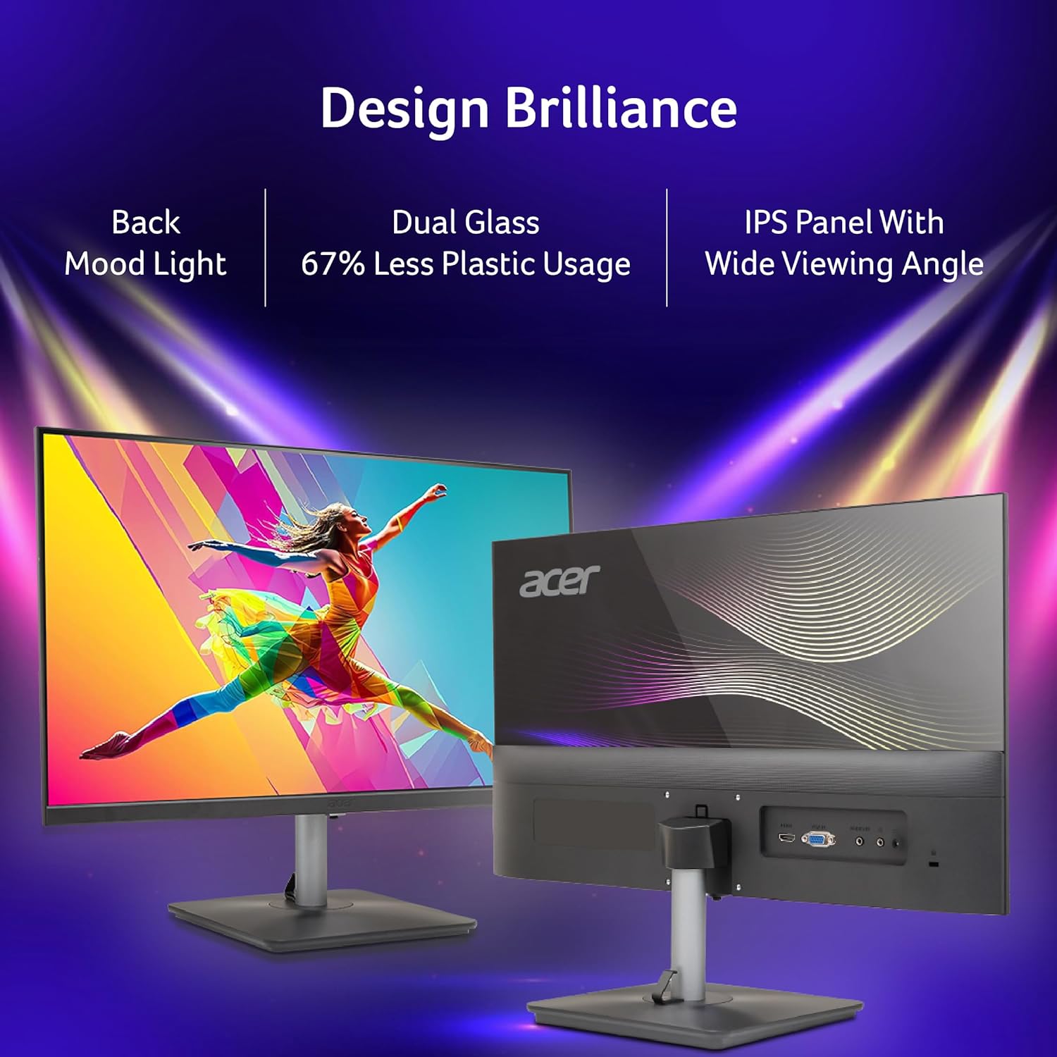 ACER RS242YVBP 23.8 INCH FULL HD IPS ULTRA-THIN (6.9MM) BACKLIT LED MONITOR I COLOR PATTERNED BACK MOOD LIGHT I DUAL GLASS DESIGN, SLEEK METAL FRAME I 1 MS, 100HZ I 1XHDMI 1XVGA I SPEAKERS I EYE CARE