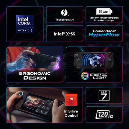 MSI CLAW, INTEL 1ST GEN. ULTRA 5 135H,BUILT-IN AI, 18CM FHD 120HZ HANDHELD GAMING CONSOLE(16GB/512GB NVME SSD/WINDOWS 11 HOME/INTEL ARC/BLACK/675G), A1M-219IN