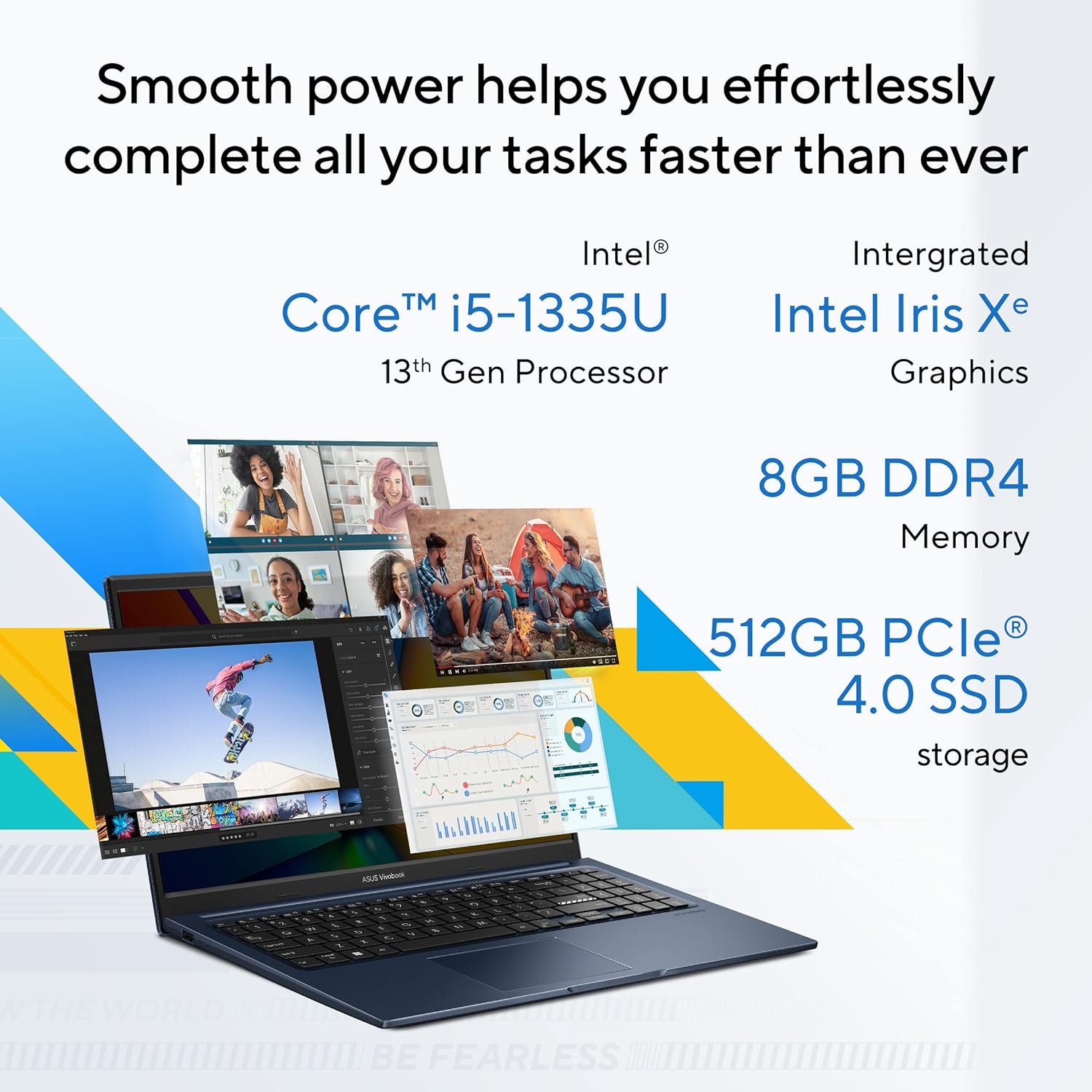ASUS VIVOBOOK 15 (2023), INTEL CORE I5-1335U 13TH GEN, 15.6" (39.62 CMS) FHD, THIN AND LIGHT LAPTOP (8GB/512GB SSD/INTEL IRIS X?/WIN 11/OFFICE 2021/BACKLIT KB/BLUE/1.7 KG), X1504VA-NJ521WS