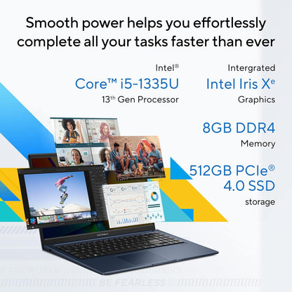 ASUS VIVOBOOK 15 (2023), INTEL CORE I5-1335U 13TH GEN, 15.6" (39.62 CMS) FHD, THIN AND LIGHT LAPTOP (8GB/512GB SSD/INTEL IRIS X?/WIN 11/OFFICE 2021/BACKLIT KB/BLUE/1.7 KG), X1504VA-NJ521WS