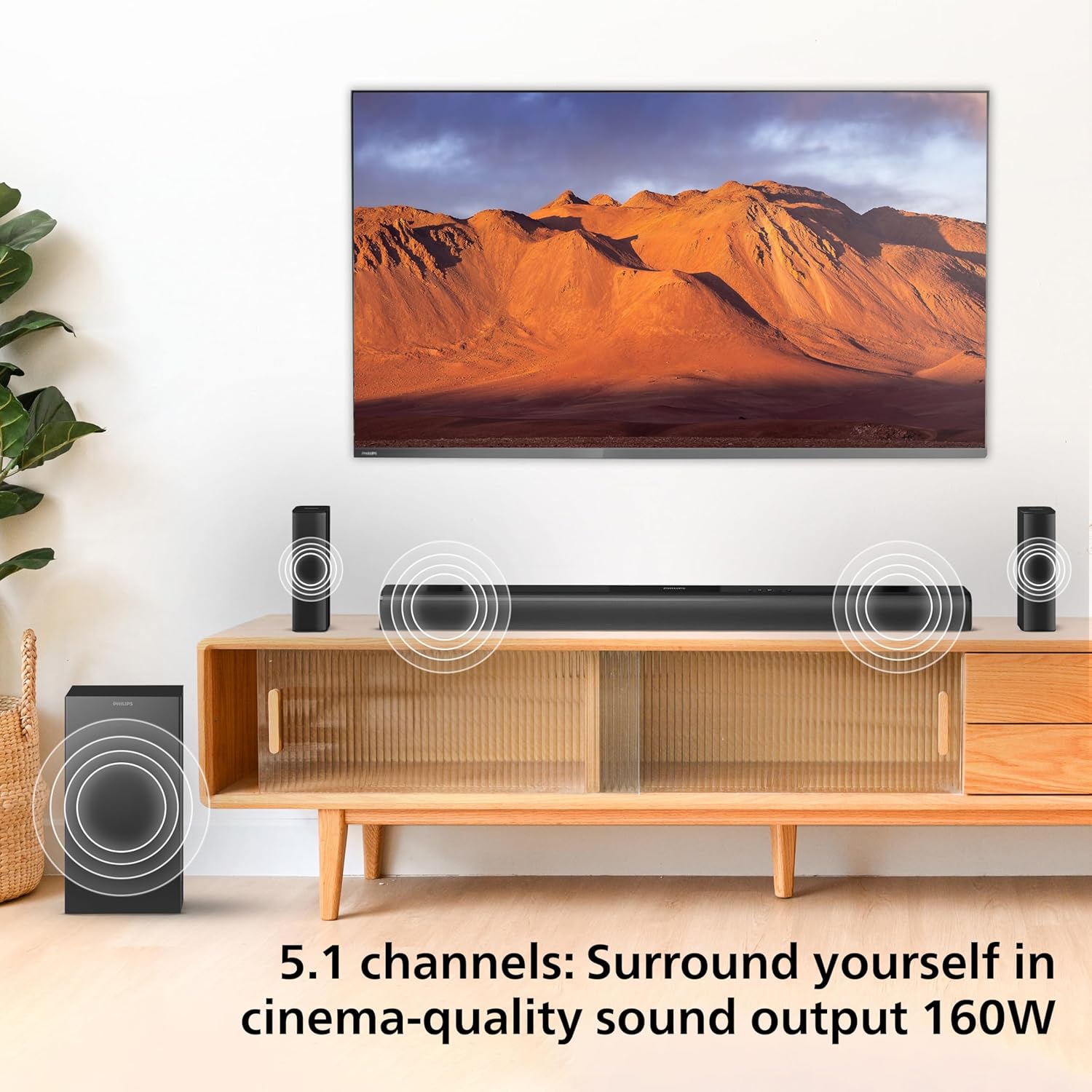 PHILIPS AUDIO TAB4529/94 5.1CH SOUNDBAR WITH WIRELESS SATELLITES AND SUBWOOFER, BASS BOOST, 160W RMS OUTPUT, HDMI ARC, OPTICAL, BLUETOOTH V5.0, WALL MOUNT AND AUX-IN FOR EASY CONNECTION (BLACK)