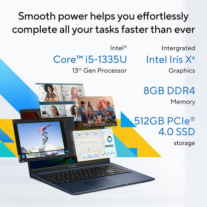 ASUS VIVOBOOK 15 (2023), INTEL CORE I5-1335U 13TH GEN, THIN AND LIGHT LAPTOP, 15.6" (39.62 CMS) FHD, (8GB RAM /512GB SSD/INTEL IRIS X?/WINDOWS 11/OFFICE 2021/FINGERPRINT/BLUE/1.7 KG), X1504VA-NJ523WS