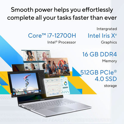 ASUS VIVOBOOK 16, INTEL CORE I7-12700H, 16GB DDR4, 512GB SSD, WUXGA 16:10 60HZ, 16 INCH/40.64CM, WINDOWS 11, MS OFFICE 2021, TRANSPARENT SILVER, 1.88KG, X1605ZAC-MB741WS, INTEL IRIS XE GRAPHICS LAPTOP