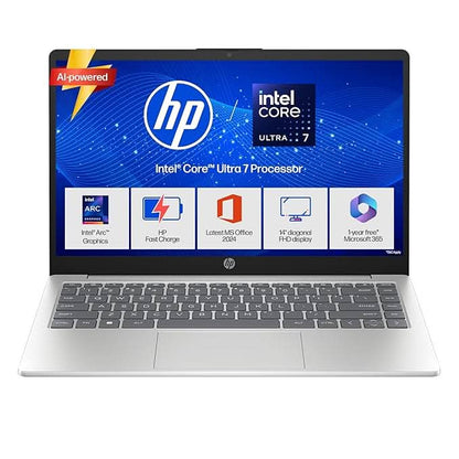 HP 14, Intel Core Ultra 7 155H (16GB DDR5, 512GB SSD), Micro-Edge, Anti-Glare, FHD, 14''/35.6cm, Win11, M365 Office24, Silver, 1.4kg, ep1151TU, FHD Camera, Backlit Laptop