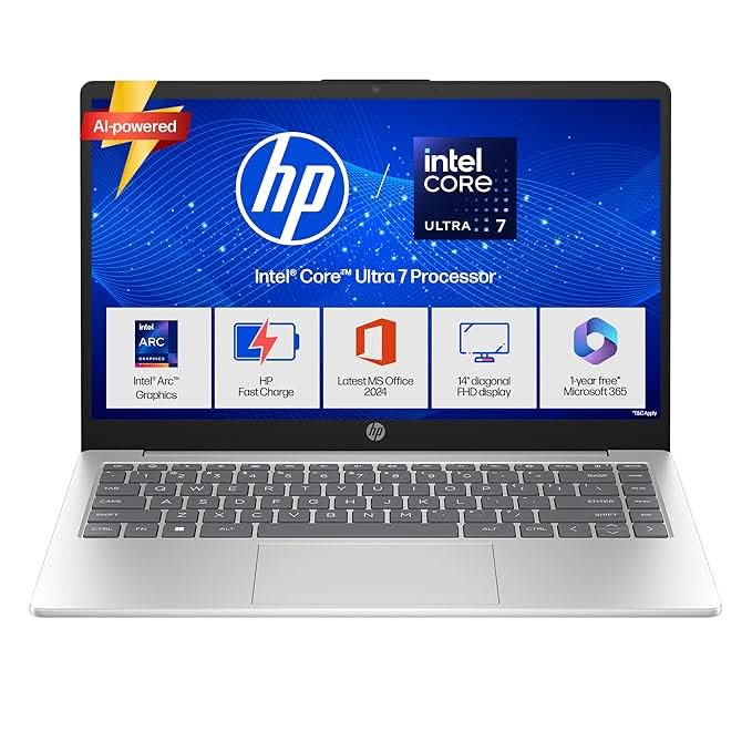 HP 14, Intel Core Ultra 7 155H (16GB DDR5, 512GB SSD), Micro-Edge, Anti-Glare, FHD, 14''/35.6cm, Win11, M365 Office24, Silver, 1.4kg, ep1151TU, FHD Camera, Backlit Laptop