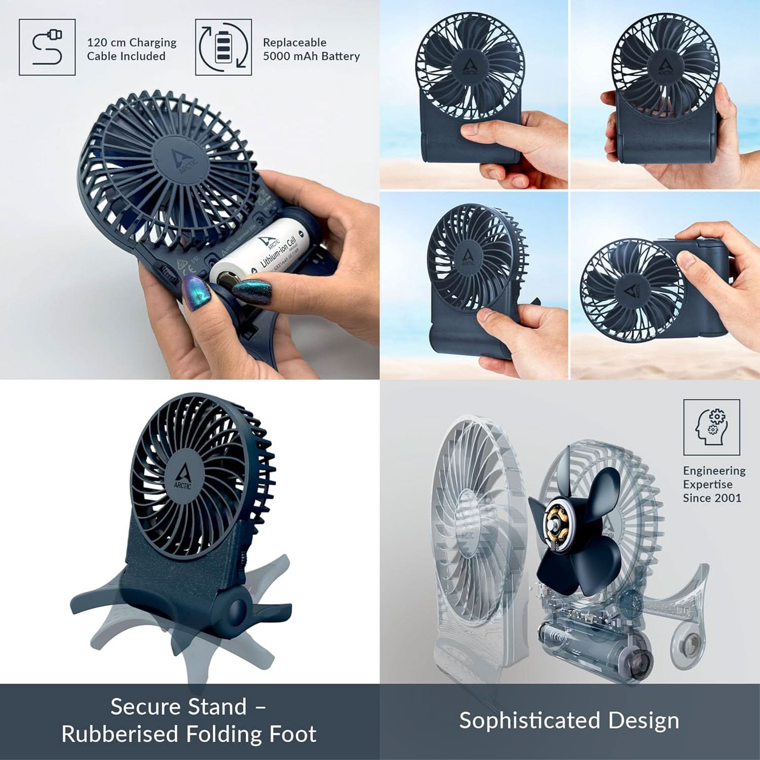 ARCTIC Summair 2Go (Dark Blue) - Rechargeable Powerful Handheld Fan