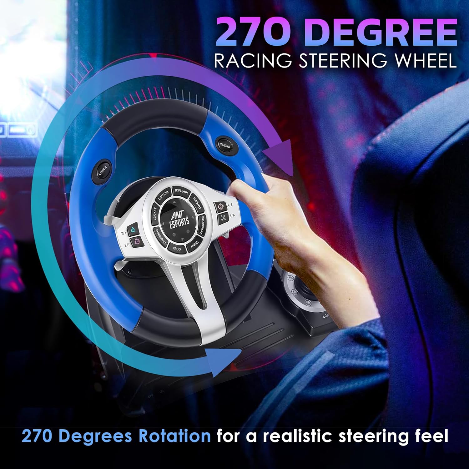 ANT ESPORTS GW185 RACING WHEEL 270 DEGREE UNIVERSAL USB POWERED CAR SIM GAME STEERING WHEEL WITH GEAR SHIFTER AND PEDALS