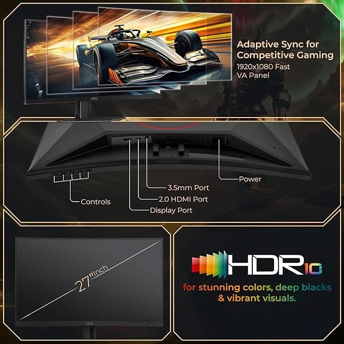 AOC 27 1500 R, FHD 1920x1080, 280 Hz, 0.3ms, 300 cd/m², HDMI 2.0 x 1, DP 1.4 x 1, NTSC 108% / sRGB 121% with Hight Adjustable Stand, AMD Freesync Premium