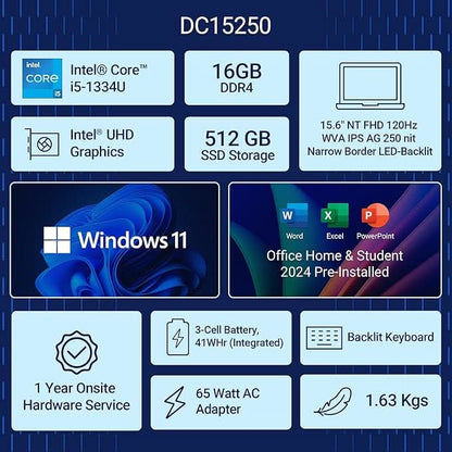 Dell DC15250, 15.6" (39.62 cm) FHD Laptop with Intel Core i5-1334U, 16GB RAM, 512GB SSD, 120Hz, 250 Nits Display, Wi-Fi 6, Windows 11 Home, MSO 11â€“Sleek, Fast & Reliable for Work, Study & Everyday Use