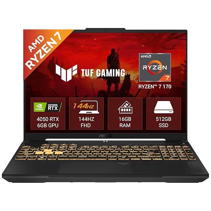ASUS TUF GAMING A16, AMD R7 170, RTX4050 6GB, 16GB, 512GB SSD, 16.0 WUXGA, Backlit Chiclet Keyboard 1-Zone RGB, 56Whr, OFFICE HOME 2024 (IN)+M365 BASIC, Black