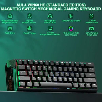 AULA WIN60 HE 60% RGB Mechanical Wired Gaming Keyboard Hall Effect Magnetic Switches For PC/Mac Black Graywood Magnetic Switch WIN60BW